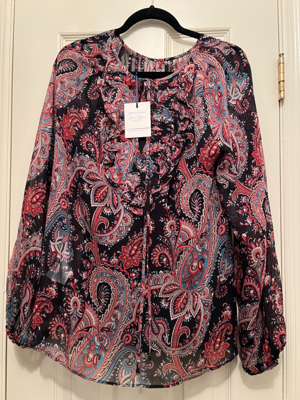 Banana Republic Paisley Ruffle Tie-Neck Blouse - Pink & Blue on Black